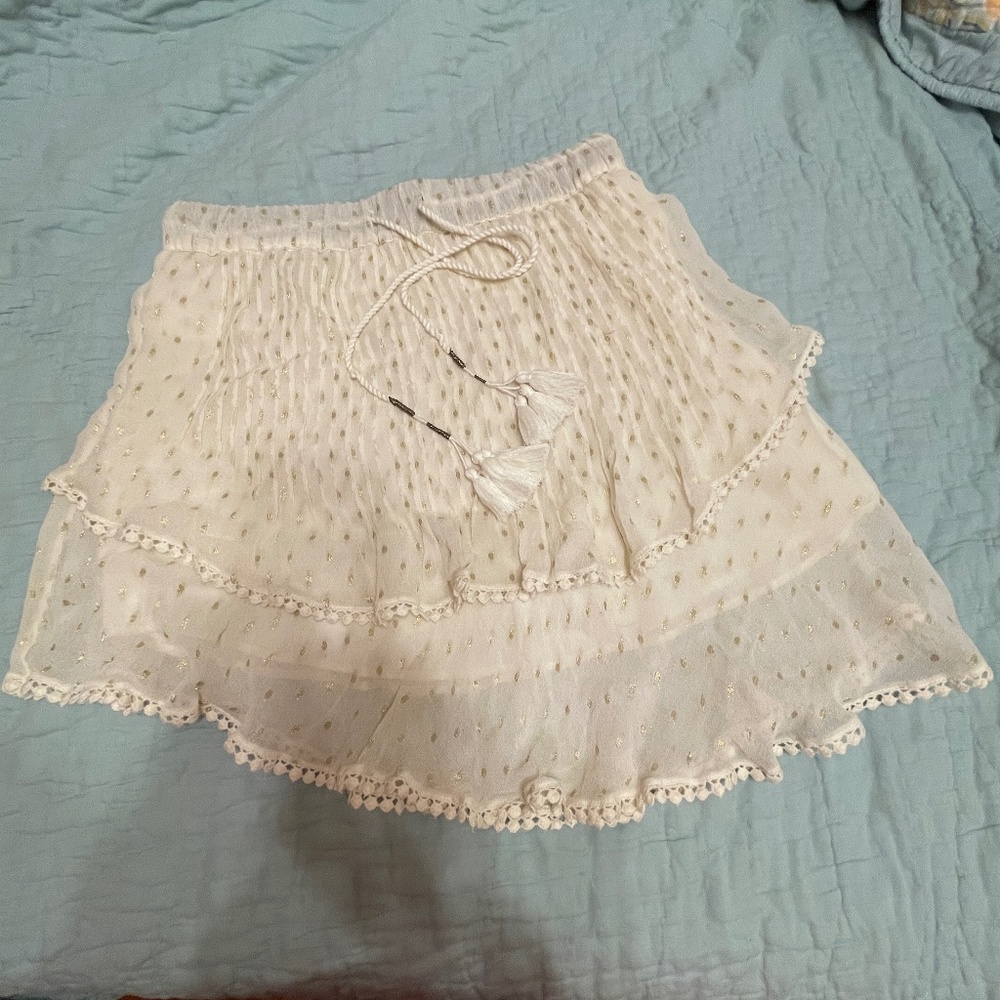 Anthropologie cream layered skirt, viscose, tassels, gold polka dots, sz S, 26
